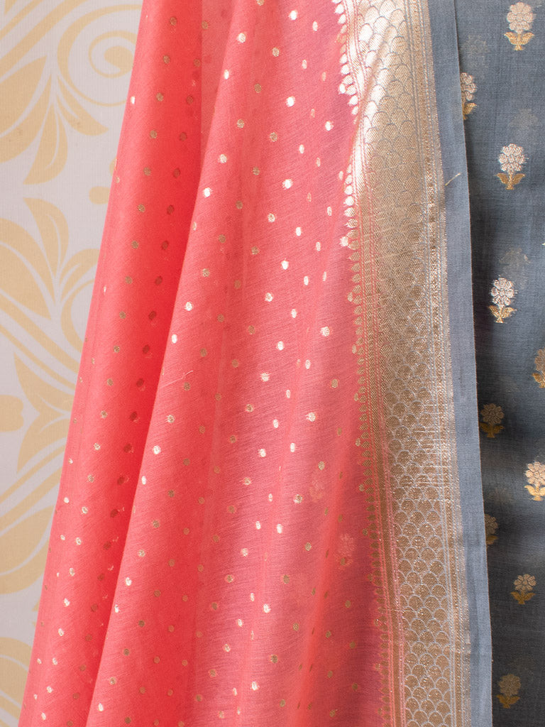 Banarasi Pure Cotton Silk Salwar Kameez Material With Silver Zari Weaving-Peach & Grey