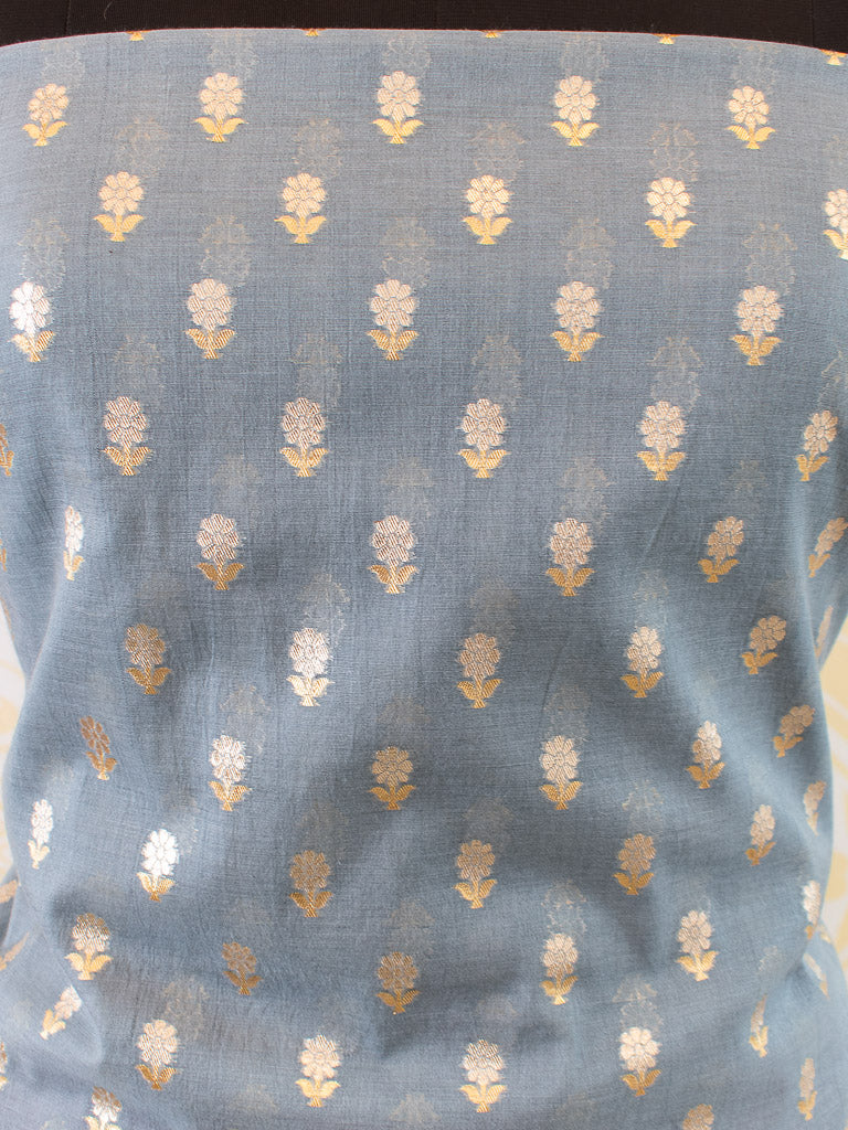 Banarasi Pure Cotton Silk Salwar Kameez Material With Silver Zari Weaving-Peach & Grey