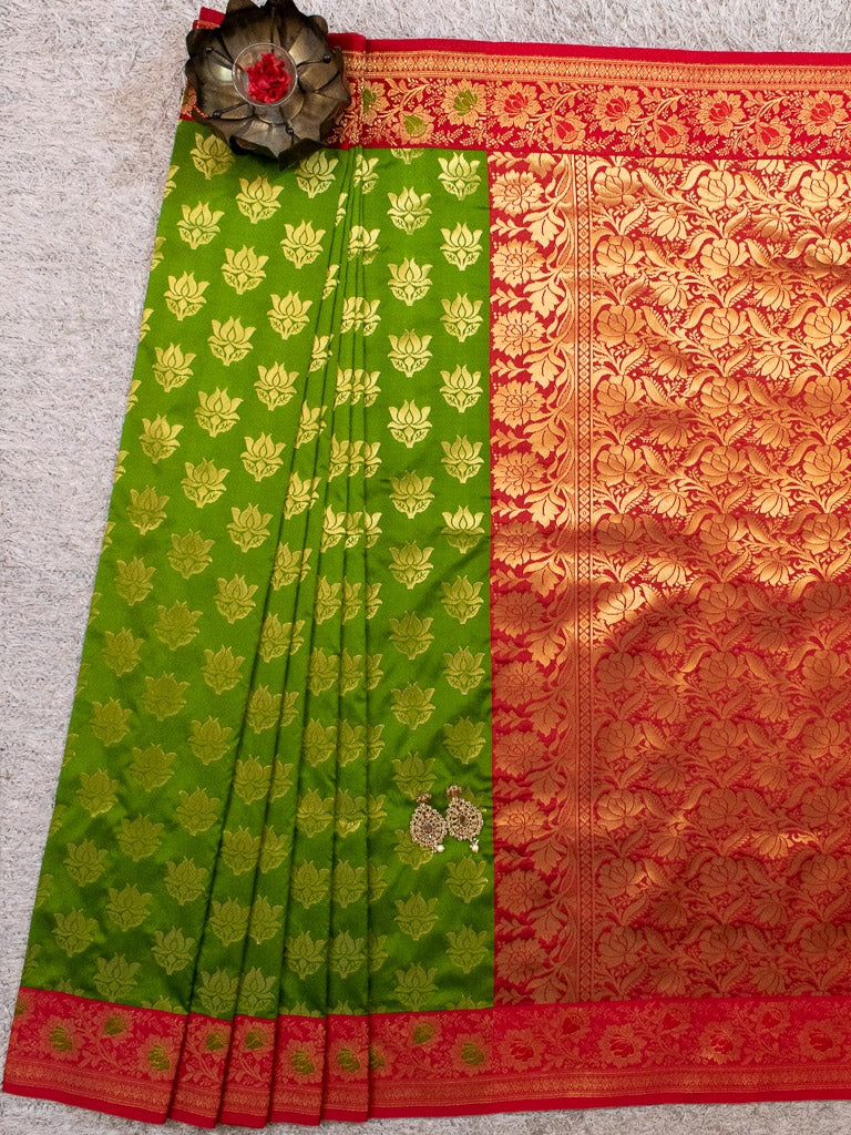 Banarasi Art Silk Saree With Contrast Meena Border-Green & Red