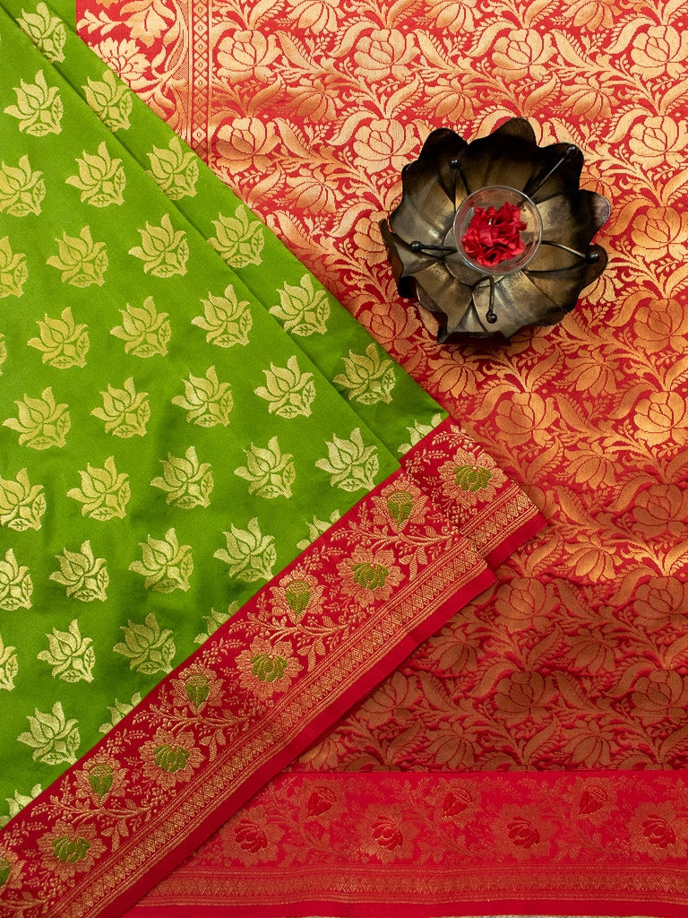 Banarasi Art Silk Saree With Contrast Meena Border-Green & Red