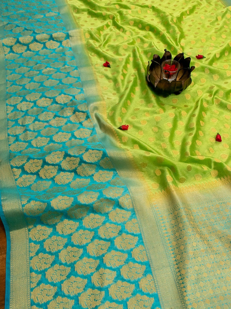 Banarasi Glossy Semi Silk Saree With Zari Weaving & Contrast Skirt Border-Green & Blue