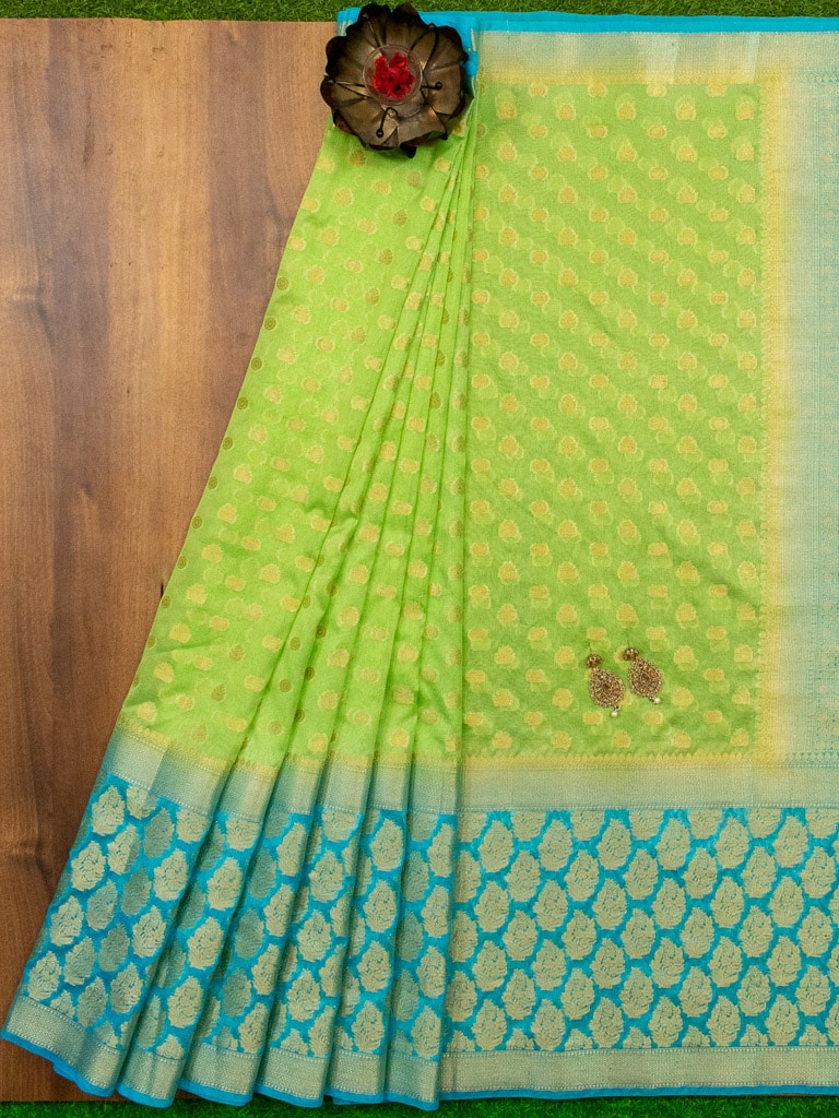 Banarasi Glossy Semi Silk Saree With Zari Weaving & Contrast Skirt Border-Green & Blue