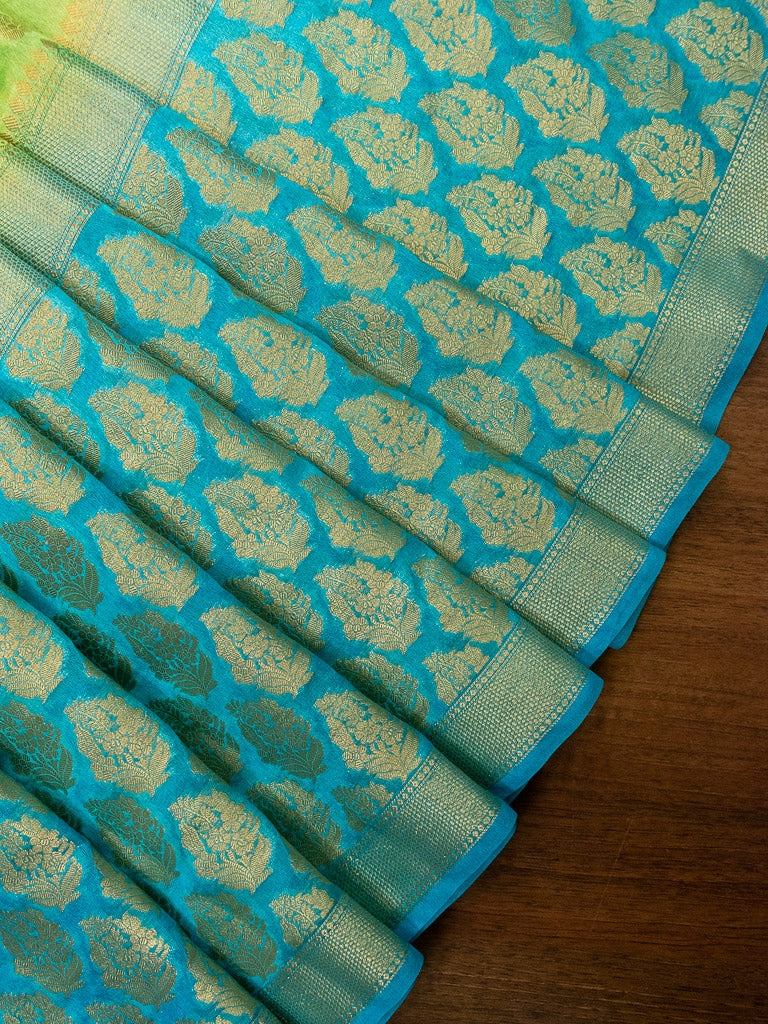 Banarasi Glossy Semi Silk Saree With Zari Weaving & Contrast Skirt Border-Green & Blue