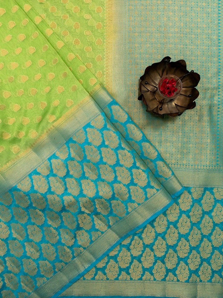 Banarasi Glossy Semi Silk Saree With Zari Weaving & Contrast Skirt Border-Green & Blue