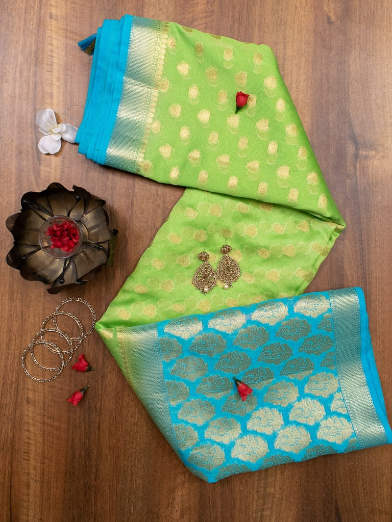 Banarasi Glossy Semi Silk Saree With Zari Weaving & Contrast Skirt Border-Green & Blue