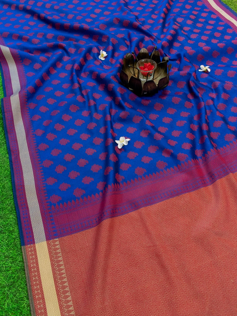 Banarasi Cotton Silk Saree With Resham Buti Weaving Border-Royal blue