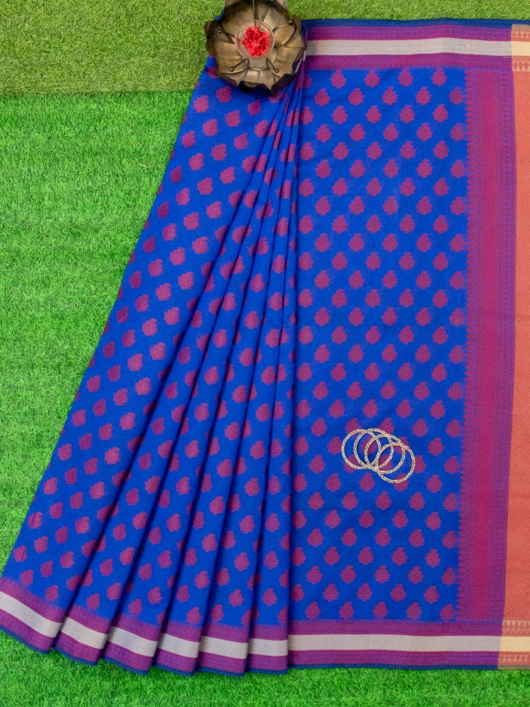 Banarasi Cotton Silk Saree With Resham Buti Weaving Border-Royal blue