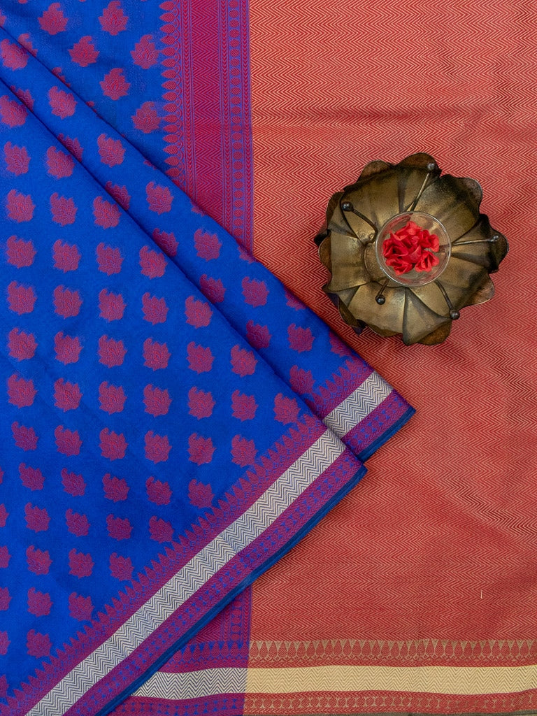 Banarasi Cotton Silk Saree With Resham Buti Weaving Border-Royal blue