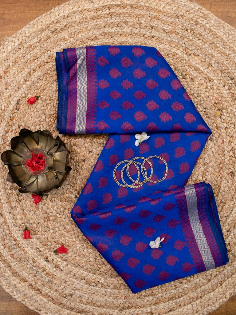 Banarasi Cotton Silk Saree With Resham Buti Weaving Border-Royal blue