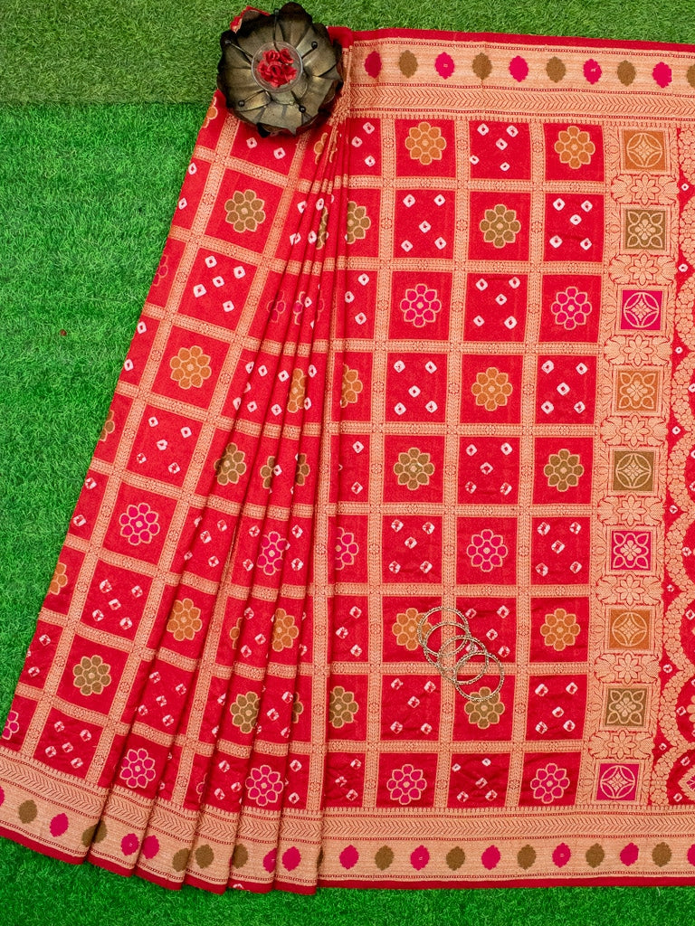 Banarasi Semi Silk Bandhini Saree With Zari & Meena Weaving-Red