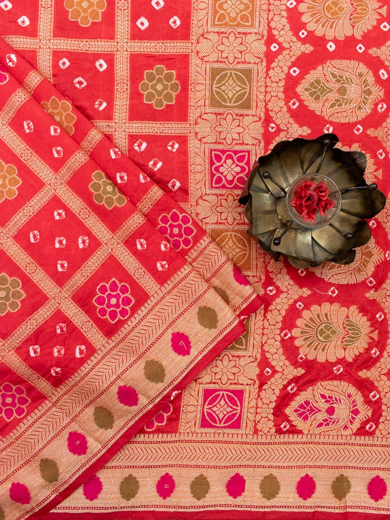 Banarasi Semi Silk Bandhini Saree With Zari & Meena Weaving-Red