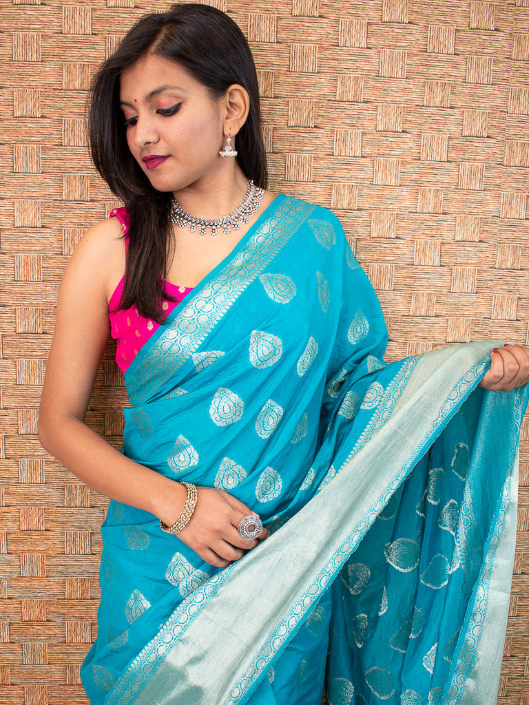 Banarasi Semi Silk Saree With Zari Buta Weaving-Turquoise Blue