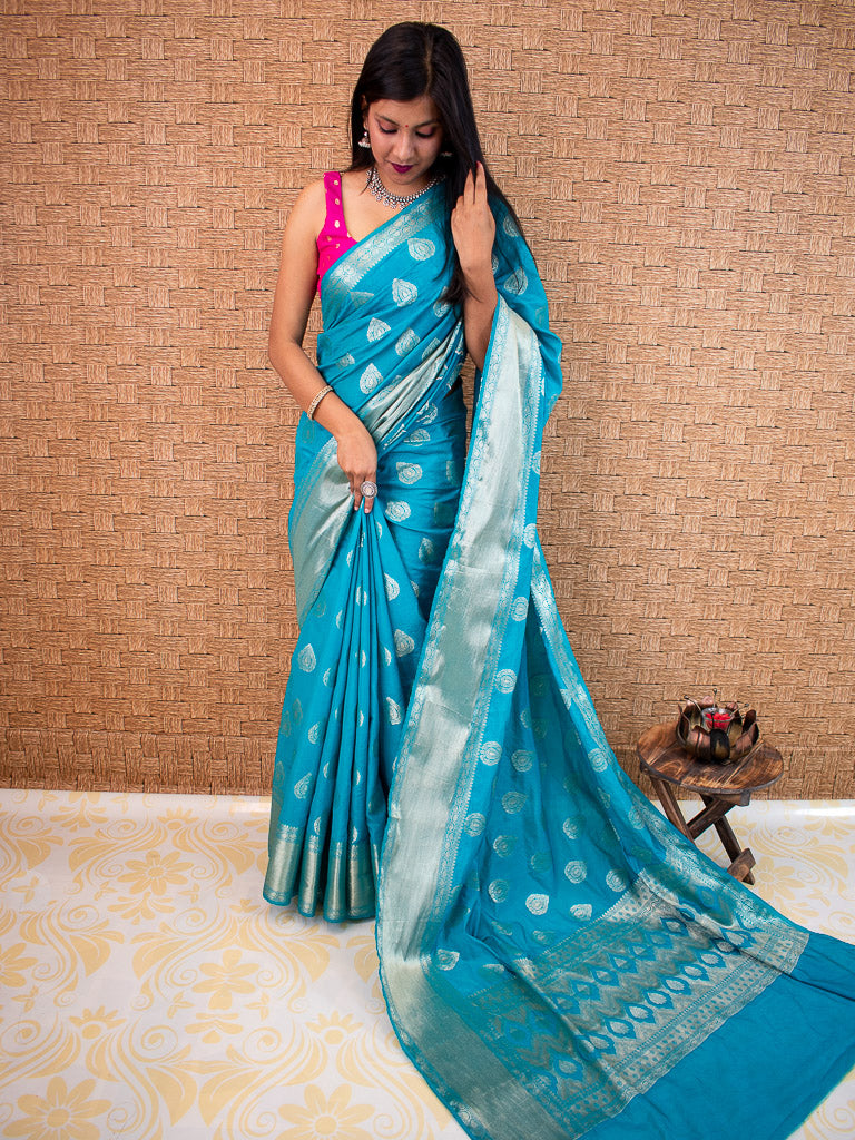Banarasi Semi Silk Saree With Zari Buta Weaving-Turquoise Blue