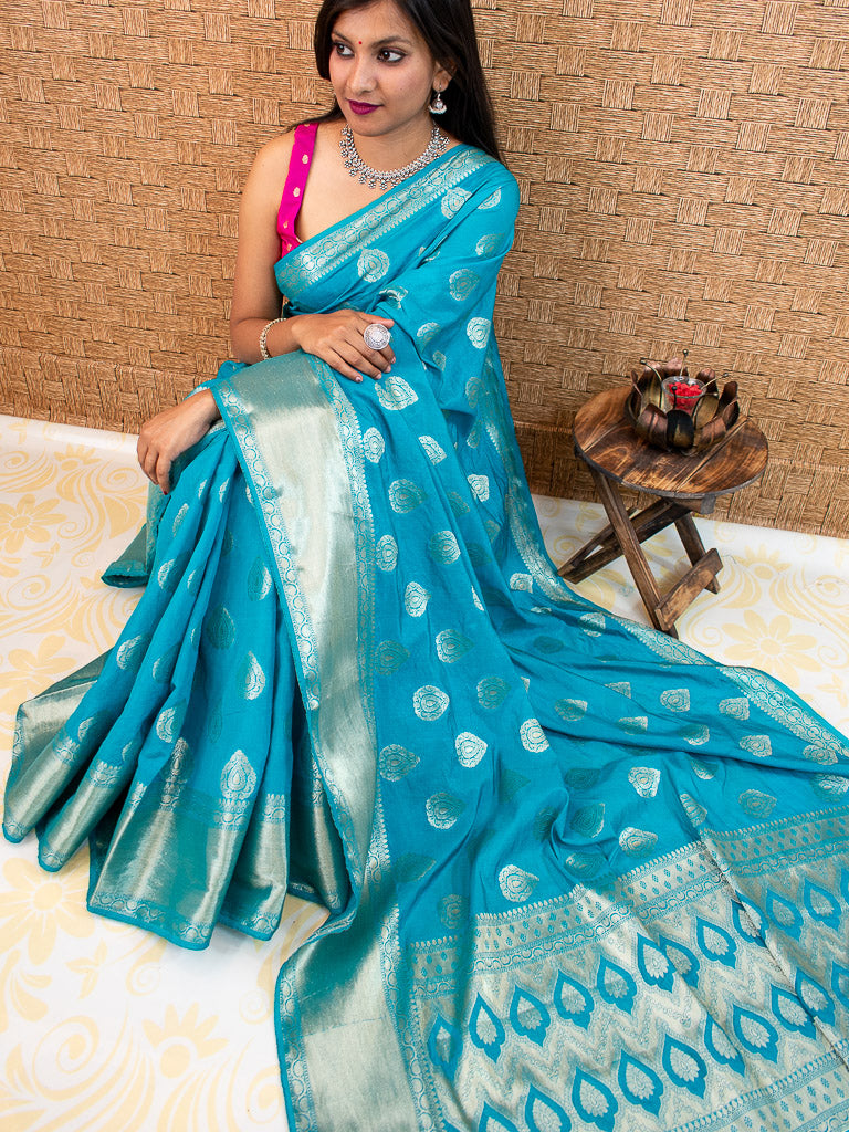 Banarasi Semi Silk Saree With Zari Buta Weaving-Turquoise Blue