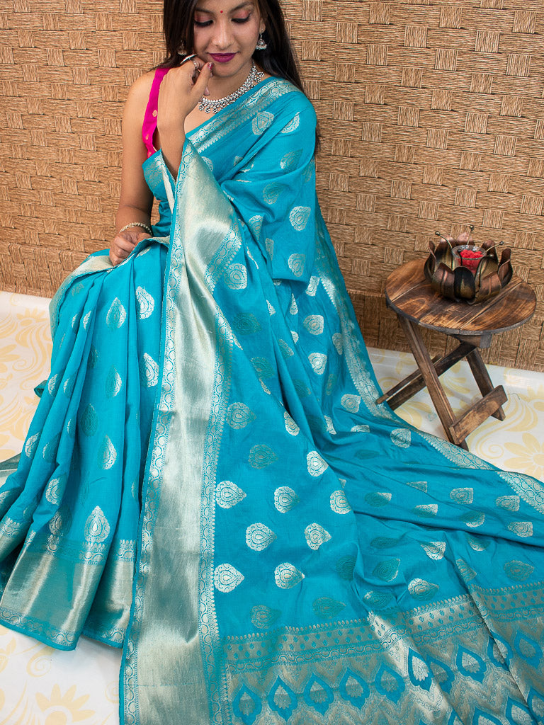 Banarasi Semi Silk Saree With Zari Buta Weaving-Turquoise Blue