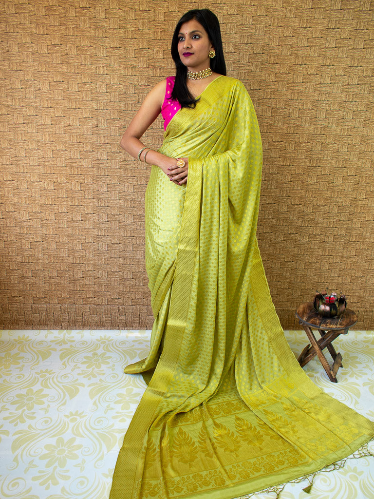 Banarasi Semi Chiffon Saree Gold Zari Buti Weaving-Green