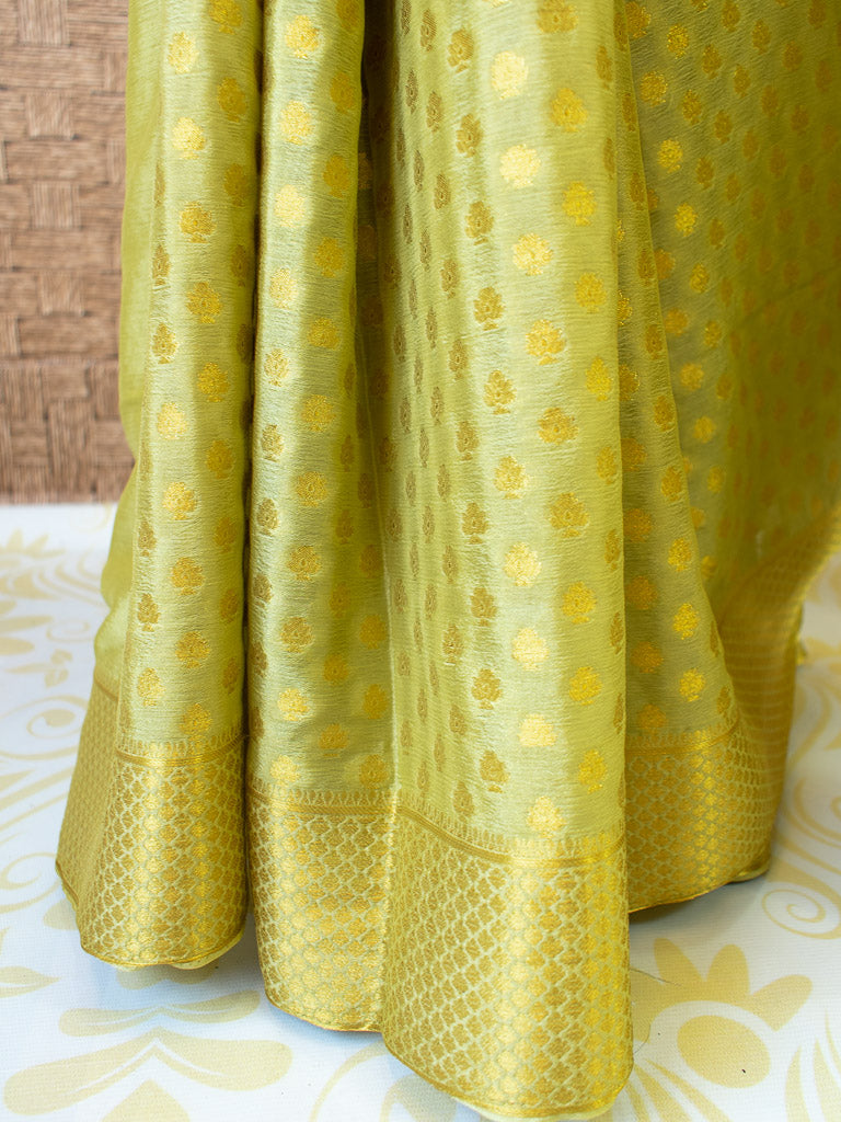 Banarasi Semi Chiffon Saree Gold Zari Buti Weaving-Green