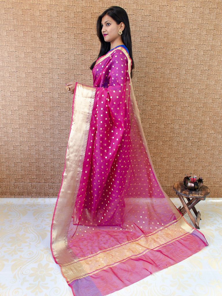 Banarasi Chanderi Cotton Zari Polka Dots Weaving - Pink