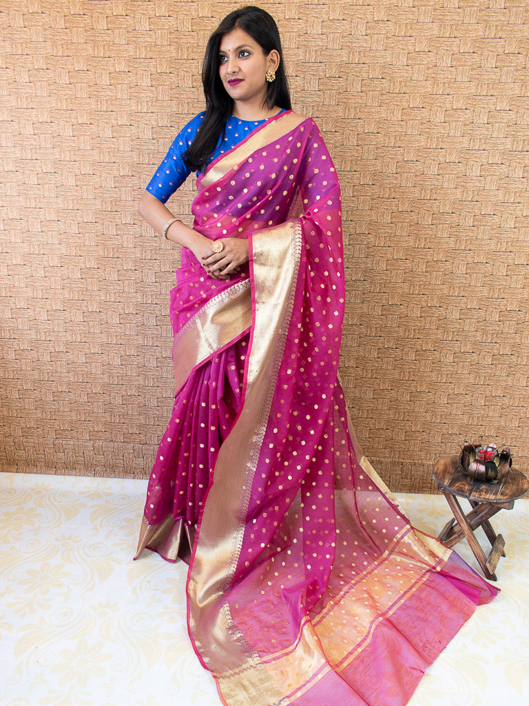 Banarasi Chanderi Cotton Zari Polka Dots Weaving - Pink