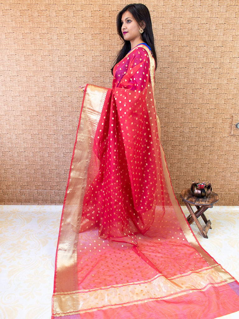 Banarasi Chanderi Cotton Zari Polka Dots Weaving - Red
