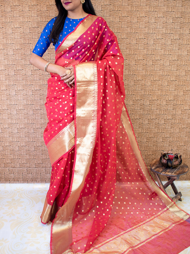 Banarasi Chanderi Cotton Zari Polka Dots Weaving - Red