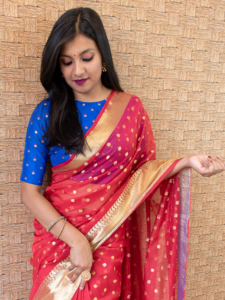 Banarasi Chanderi Cotton Zari Polka Dots Weaving - Red