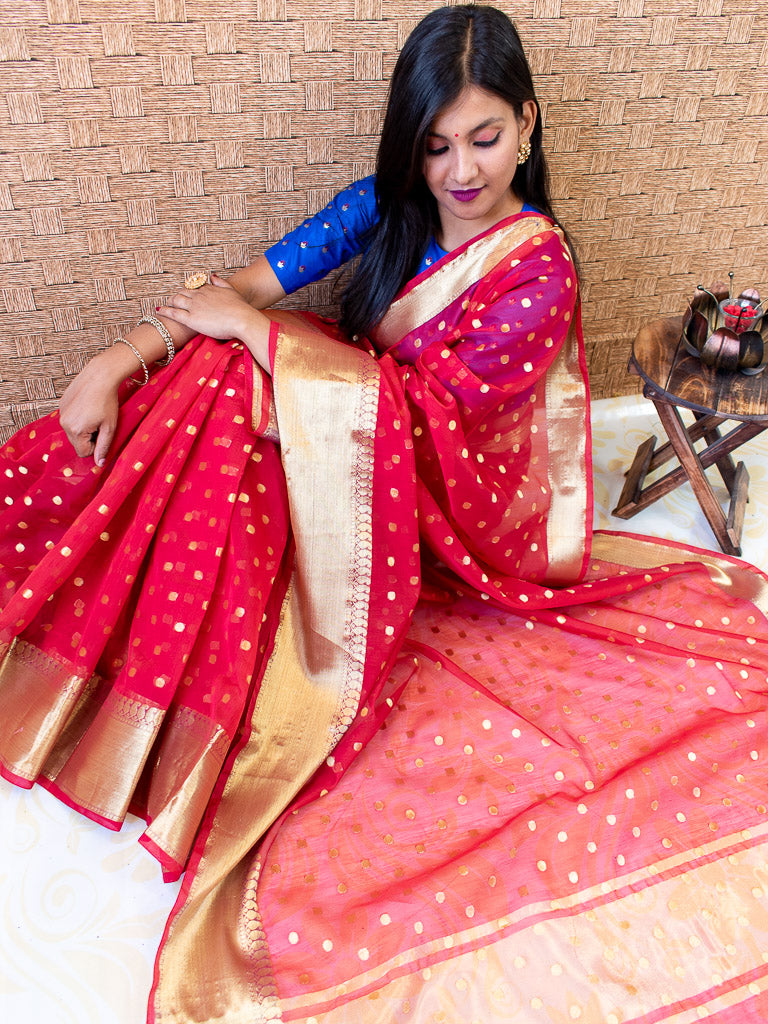 Banarasi Chanderi Cotton Zari Polka Dots Weaving - Red