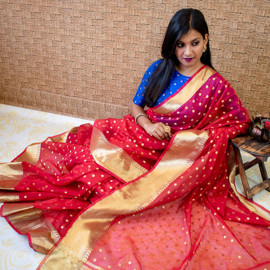 Banarasi Chanderi Cotton Zari Polka Dots Weaving - Red