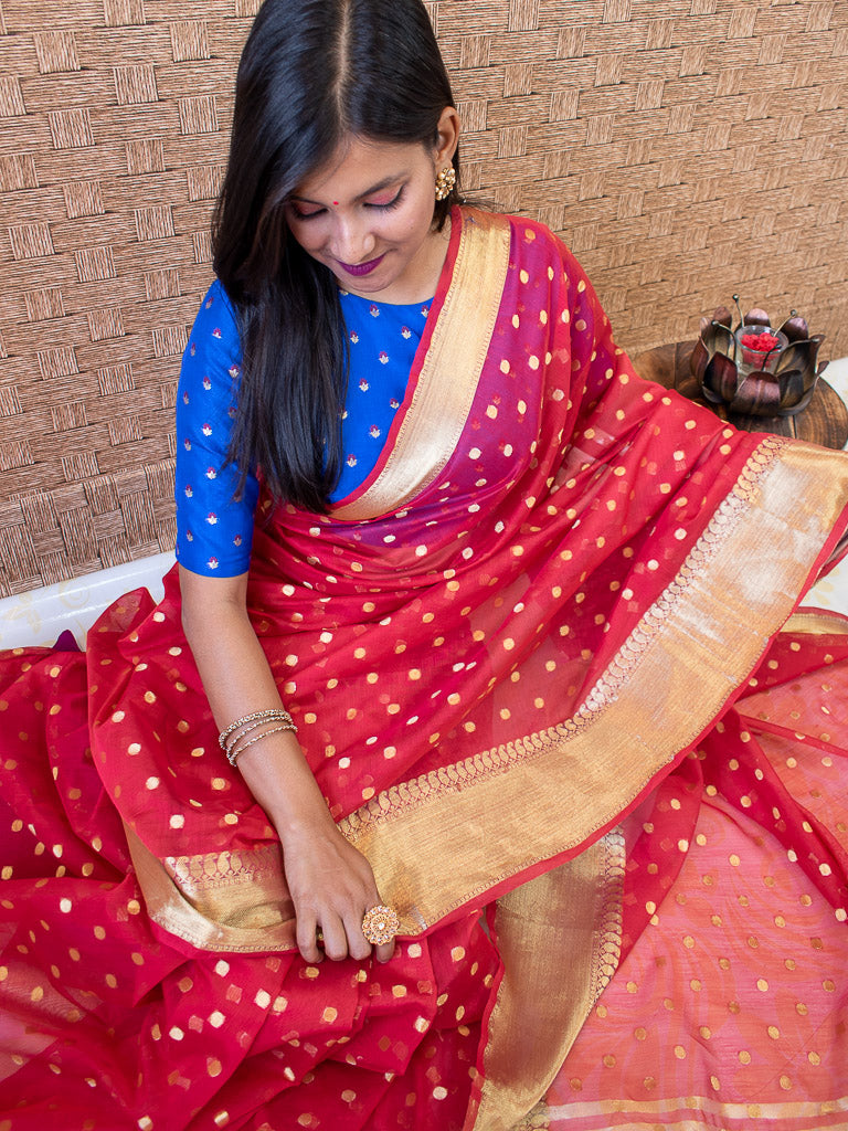 Banarasi Chanderi Cotton Zari Polka Dots Weaving - Red