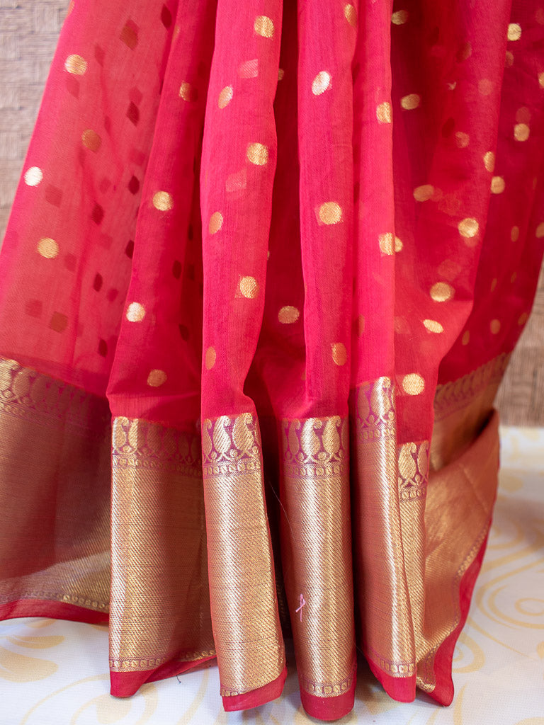 Banarasi Chanderi Cotton Zari Polka Dots Weaving - Red