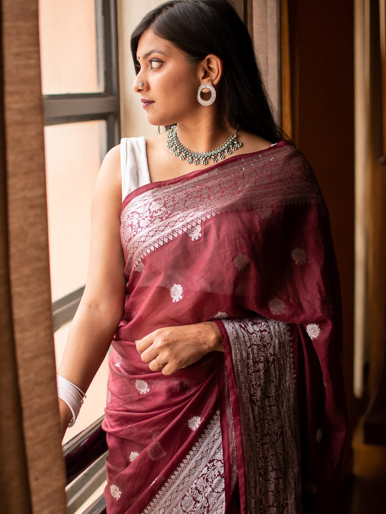 Banarasi Semi Chiffon Saree Silver Zari Buti Weaving-Wine