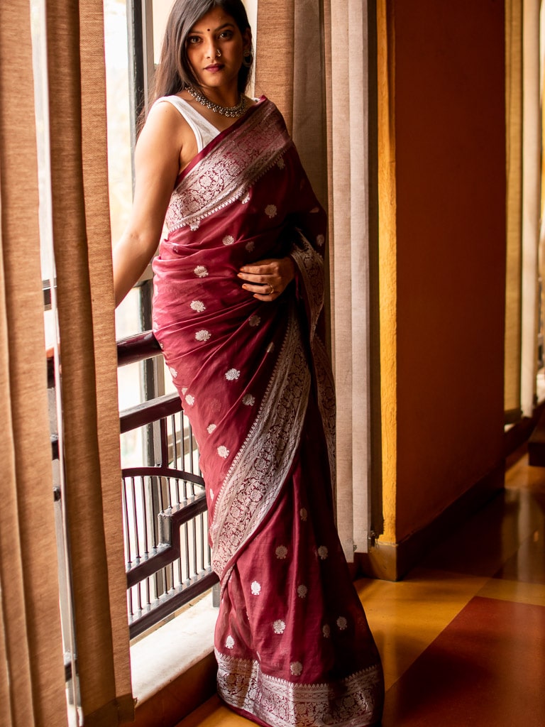 Banarasi Semi Chiffon Saree Silver Zari Buti Weaving-Wine