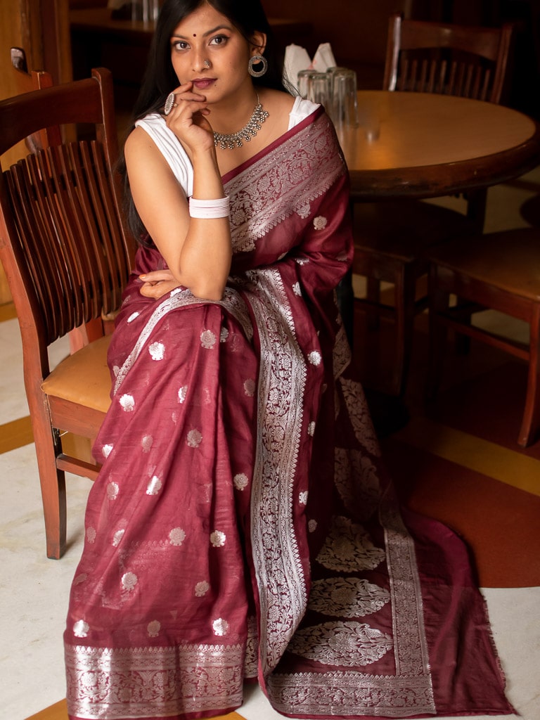 Banarasi Semi Chiffon Saree Silver Zari Buti Weaving-Wine