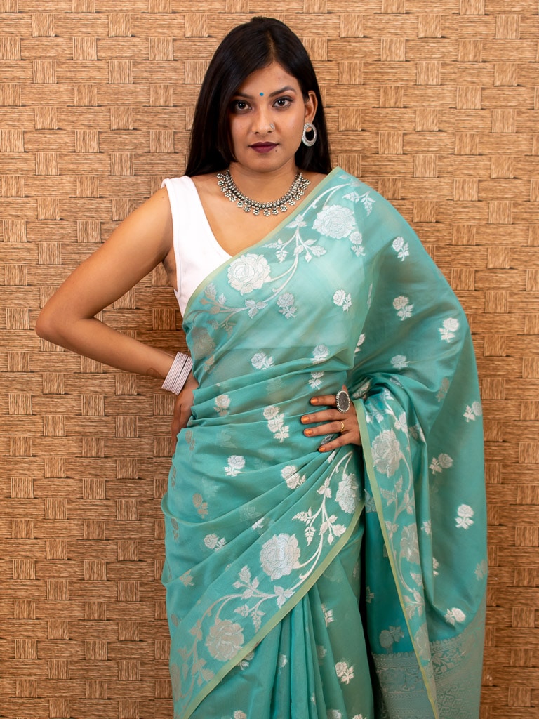 Banarasi Kora Saree With Silver Zari Buti Weaving & Floral Border-Blue
