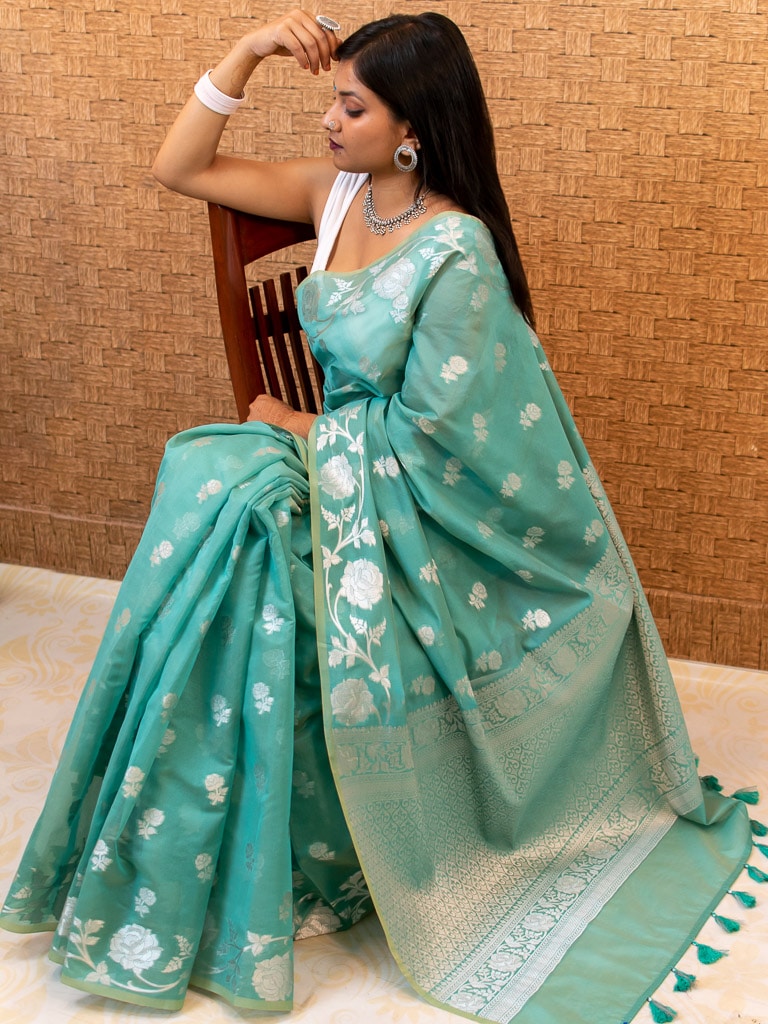Banarasi Kora Saree With Silver Zari Buti Weaving & Floral Border-Blue