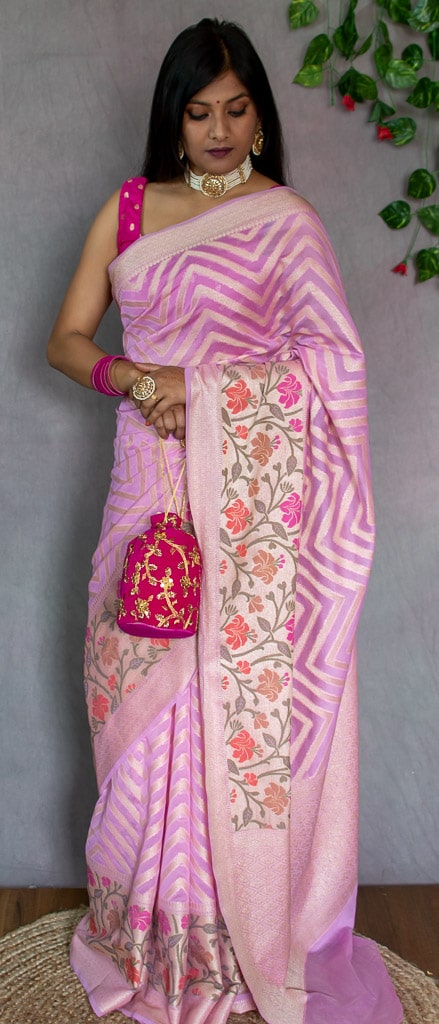 Banarasi Semi Chiffon Saree Zari Aada Weaving & Meena Border-Baby Pink