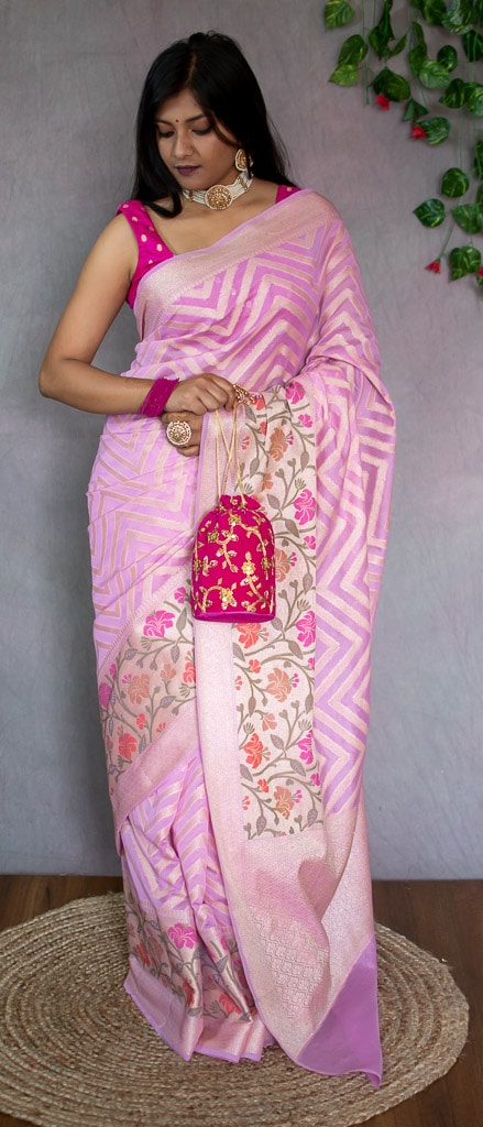 Banarasi Semi Chiffon Saree Zari Aada Weaving & Meena Border-Baby Pink