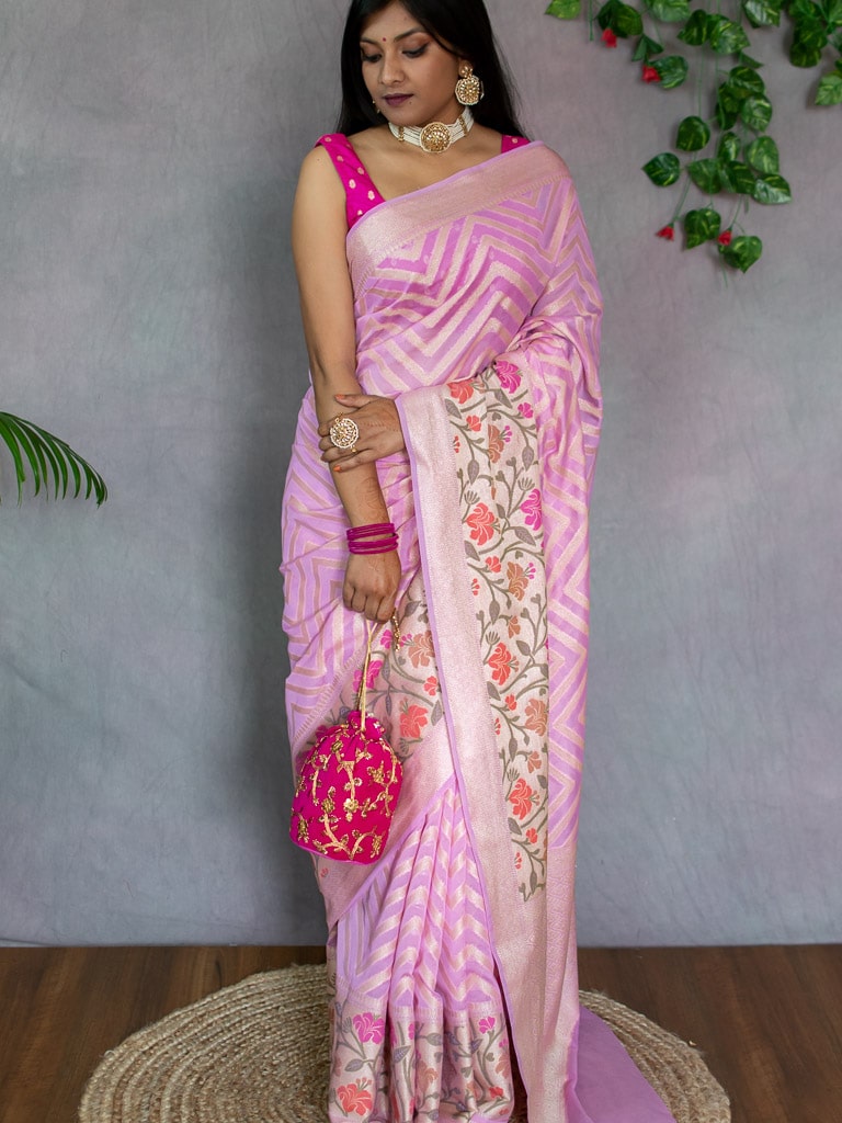 Banarasi Semi Chiffon Saree Zari Aada Weaving & Meena Border-Baby Pink