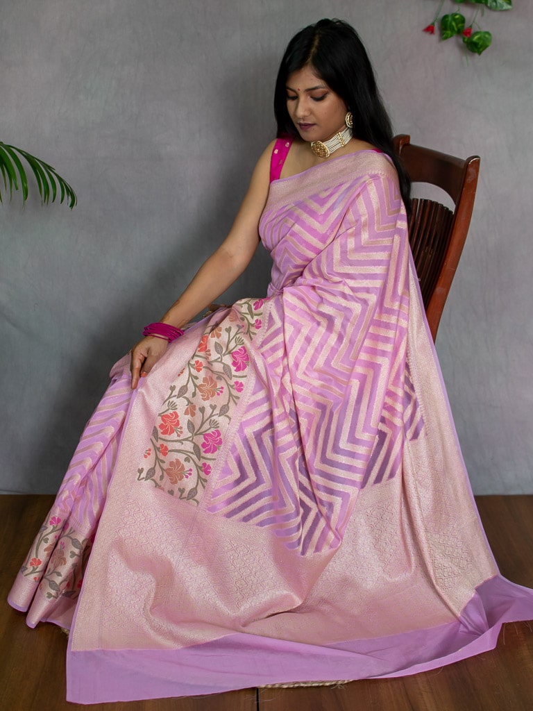 Banarasi Semi Chiffon Saree Zari Aada Weaving & Meena Border-Baby Pink
