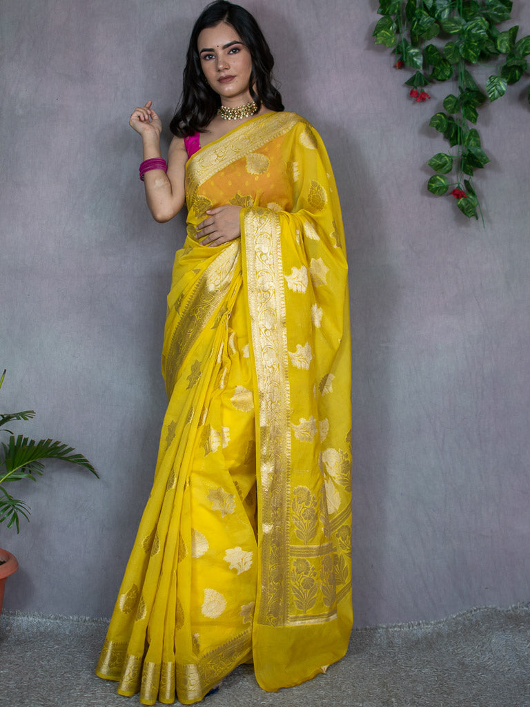 Banarasi Semi Silk Saree With Buti Weaving-Yellow