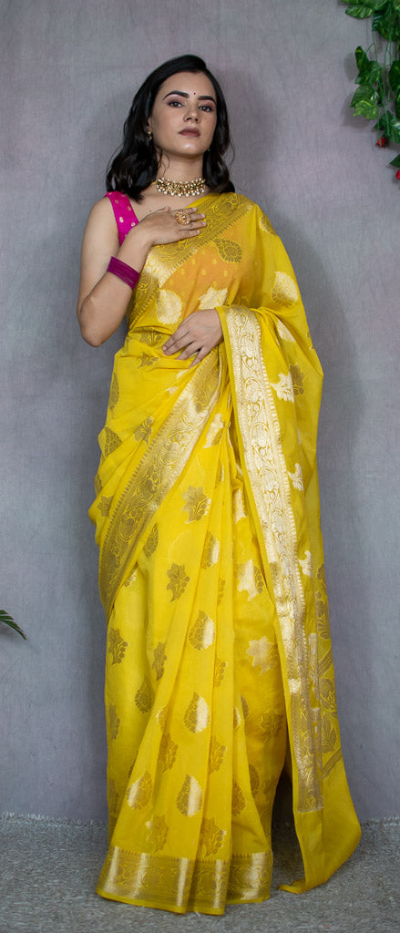 Banarasi Semi Silk Saree With Buti Weaving-Yellow