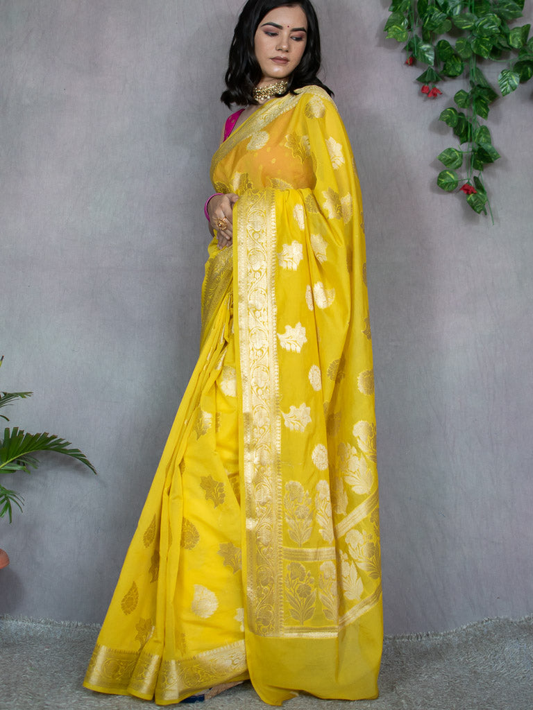 Banarasi Semi Silk Saree With Buti Weaving-Yellow