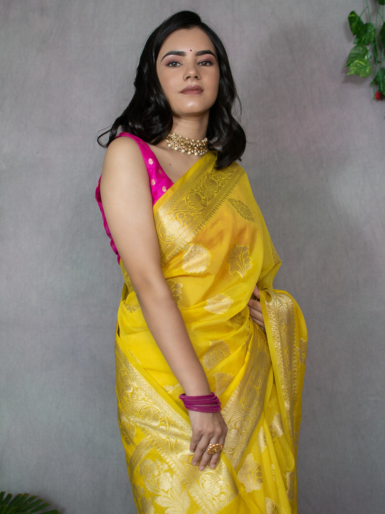 Banarasi Semi Silk Saree With Buti Weaving-Yellow