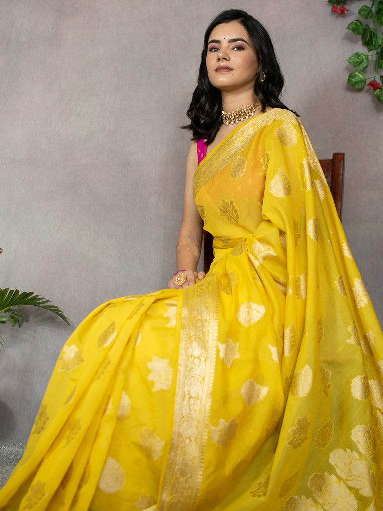 Banarasi Semi Silk Saree With Buti Weaving-Yellow