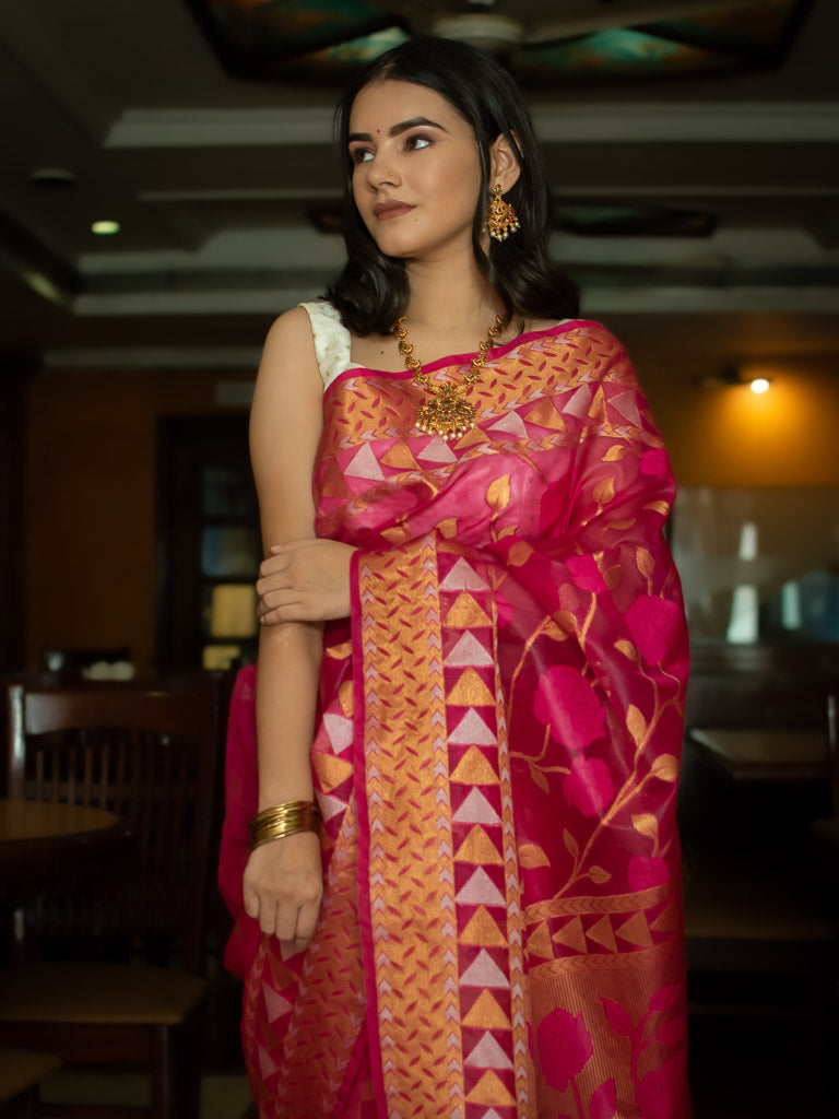 Banarasi Organza Mix Saree With Jamdani Weaving-Pink