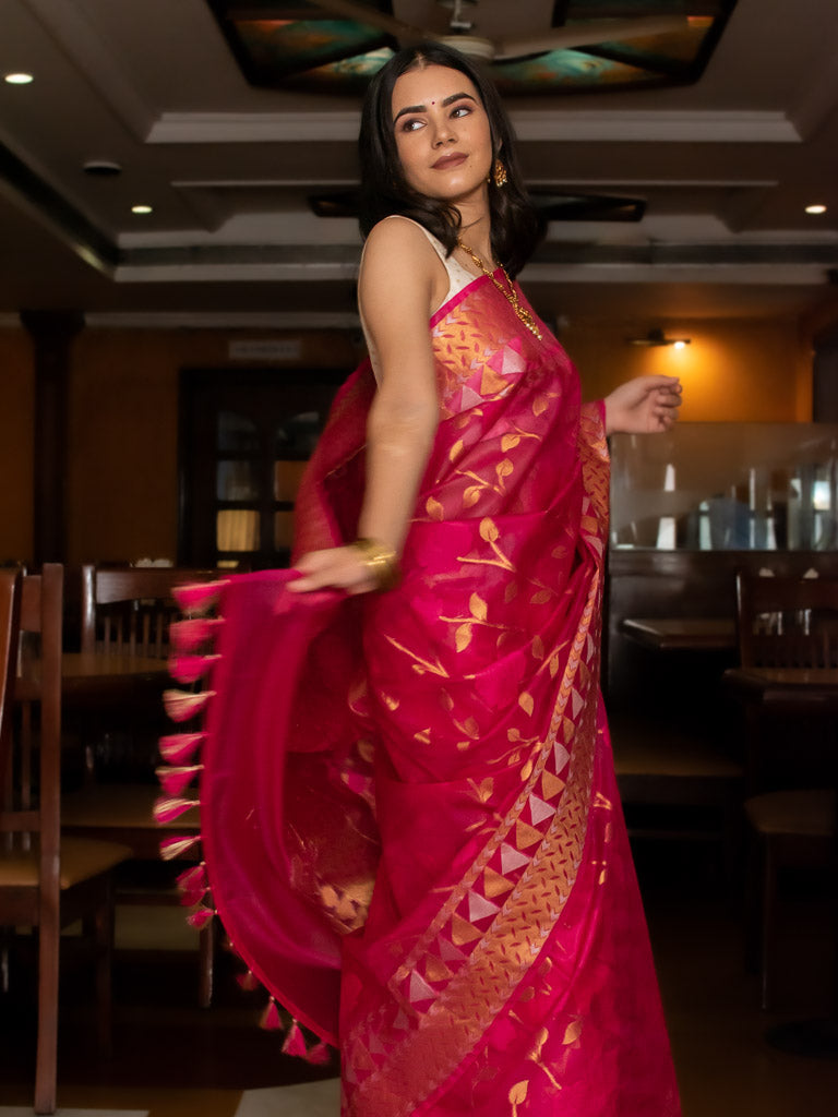 Banarasi Organza Mix Saree With Jamdani Weaving-Pink