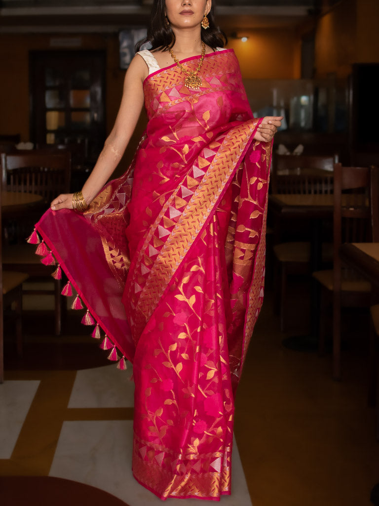 Banarasi Organza Mix Saree With Jamdani Weaving-Pink