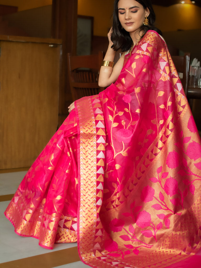 Banarasi Organza Mix Saree With Jamdani Weaving-Pink