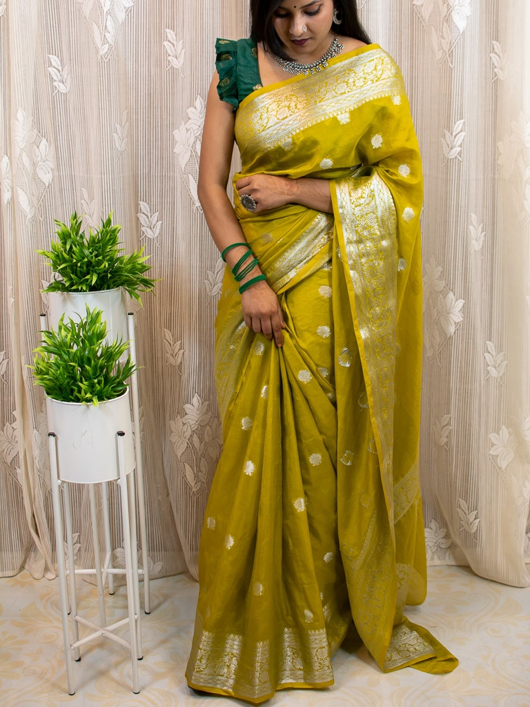 Banarasi Semi Chiffon Saree Silver Zari Buti Weaving-Yellow