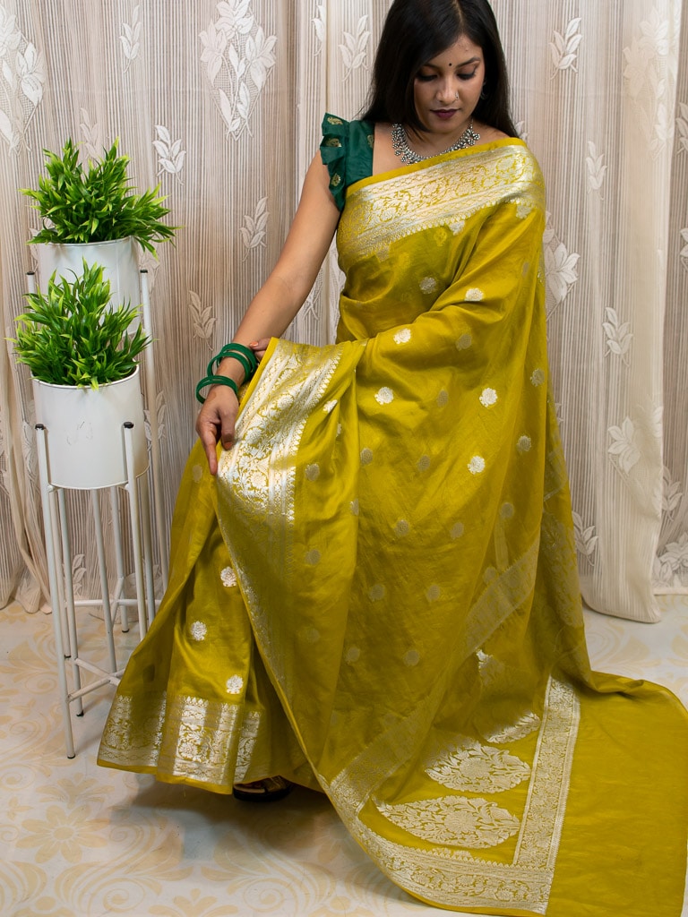 Banarasi Semi Chiffon Saree Silver Zari Buti Weaving-Yellow
